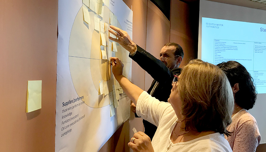 Three people gathered around a large sheet of paper covered in post-its. A PowerPoint presentation is visible in the background.