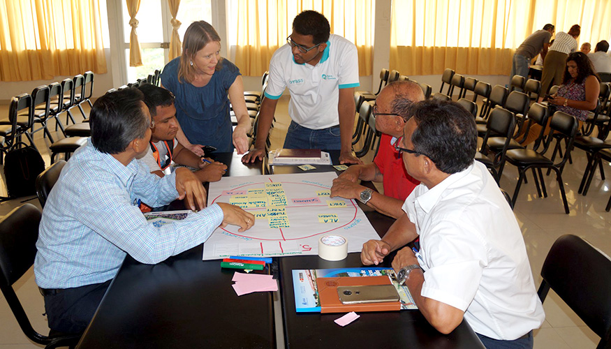 People gathered around a table during a stakeholder mapping session with Dutch Water Authorities partners in Peru.